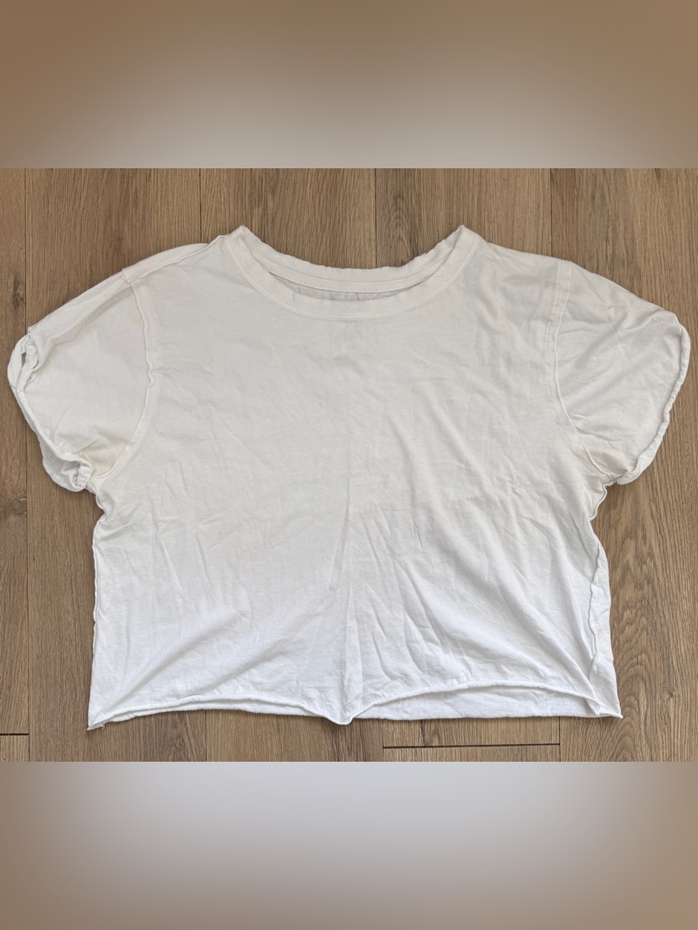 We The Free Womens White Cropped Crew Neck Ruffle Short Sleeve Cotton Tee L